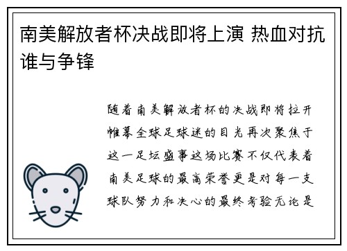 南美解放者杯决战即将上演 热血对抗谁与争锋