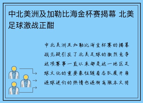 中北美洲及加勒比海金杯赛揭幕 北美足球激战正酣