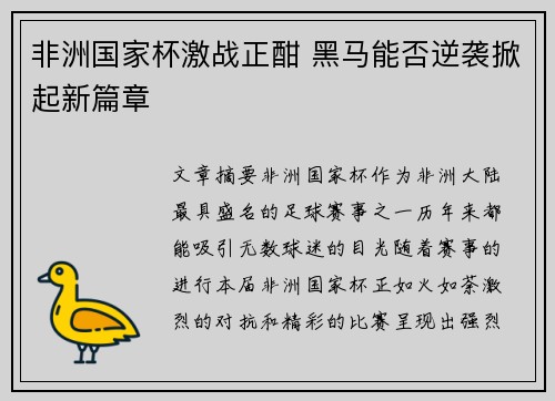 非洲国家杯激战正酣 黑马能否逆袭掀起新篇章